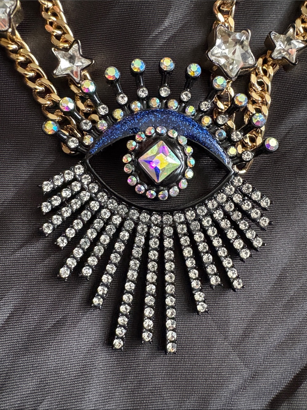 Betsey Johnson EVIL EYE Pendant Necklace Crystal Stars Rhinestones Gold Tone NWT - Picture 2 of 6